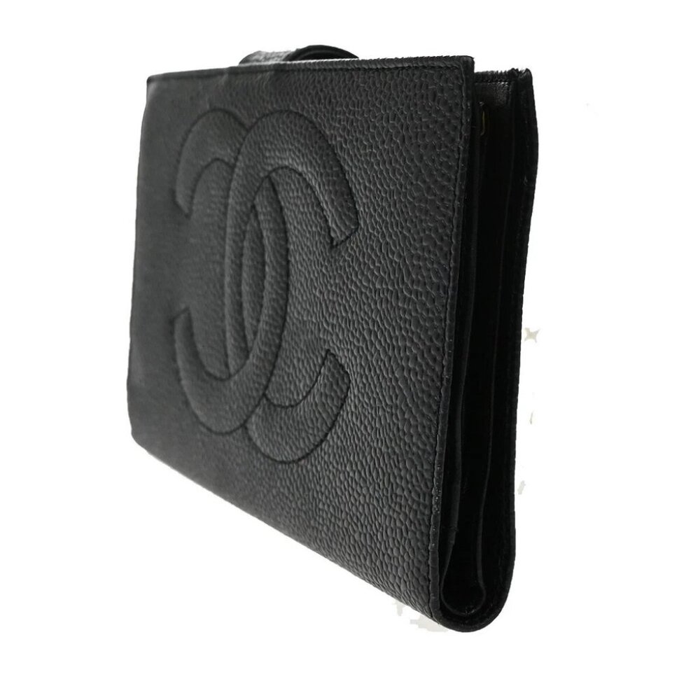 CHANEL CC LOGO Long Bifold Wallet Grained Calfskin Leather Black France - Picture 2 of 14